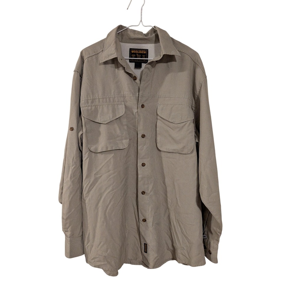Woolrich Fishing Shirt Mens L Dark Lime Long Sleeve Roll Tab Ventilated 6007